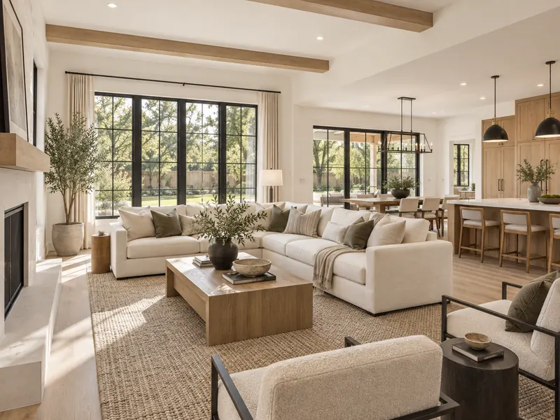 AI-generated Oakview Residence concept living room with cream sofa and oak finishes